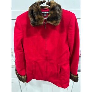 WEATHER TAMER Red Wool Blend Fur Trim Zip Front Jacket‎ Women Size L